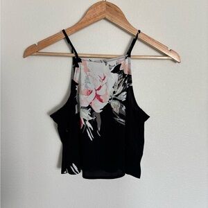 Leith Black Floral Graphic Crop Spaghetti Strap Camisole Button Back Detail
